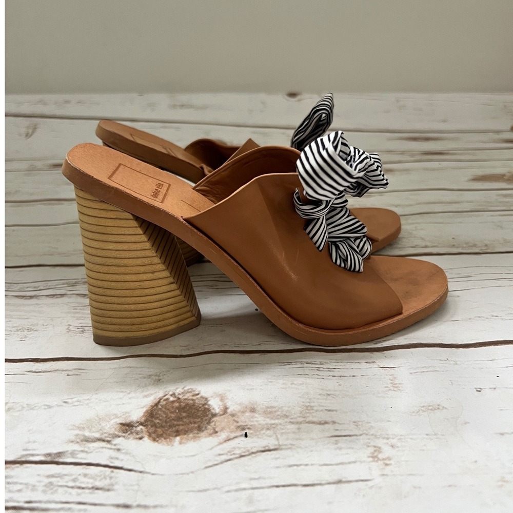Dolce Vita Mules Tan Leather Striped Bow Block Heel Slides Size 8.5